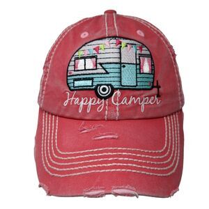 Happy Camper Slideback Hat Red OS Adjustable Embroidered Distressed KB ETHOS